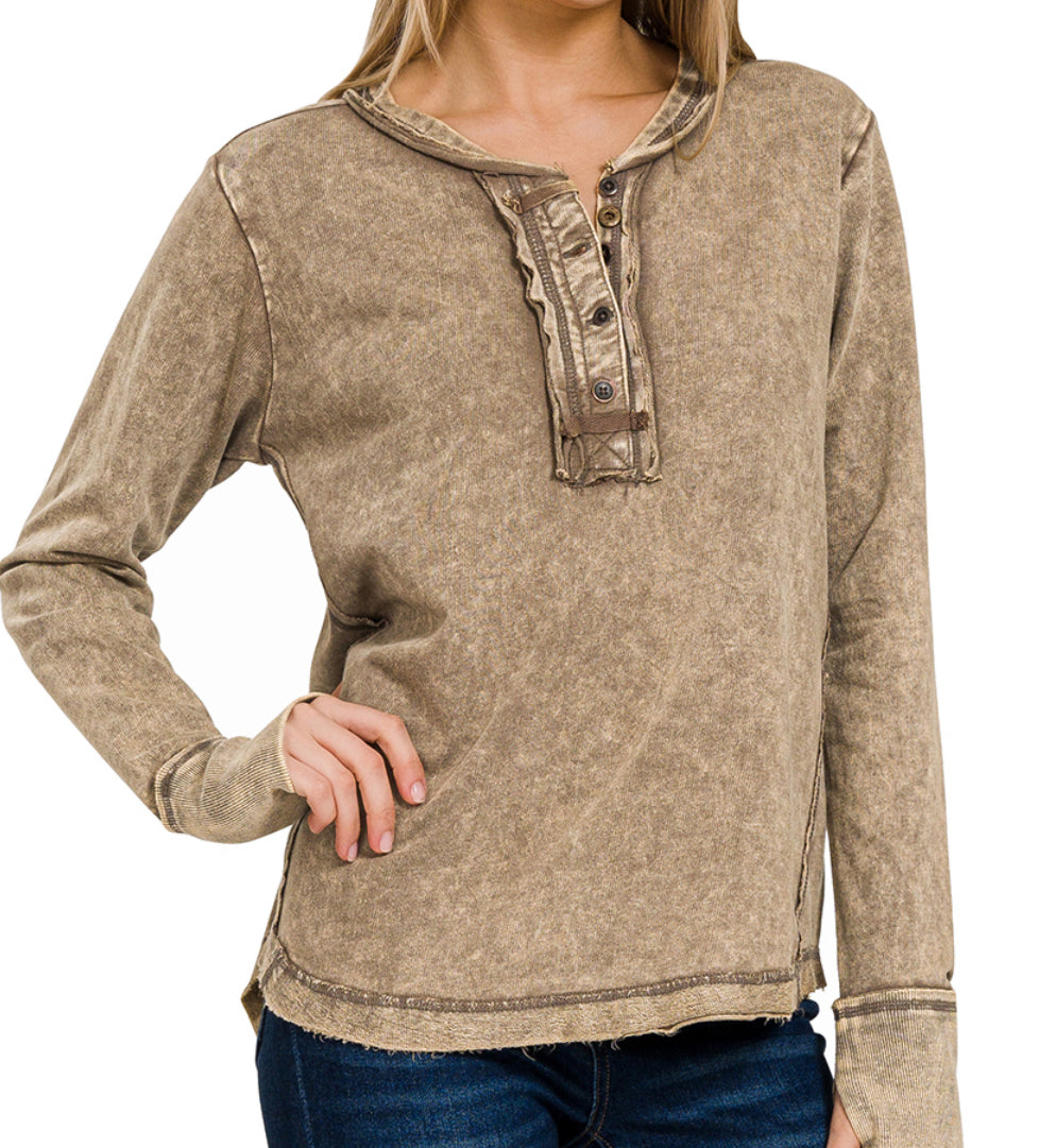 Mixed Button Thumb Hole Top