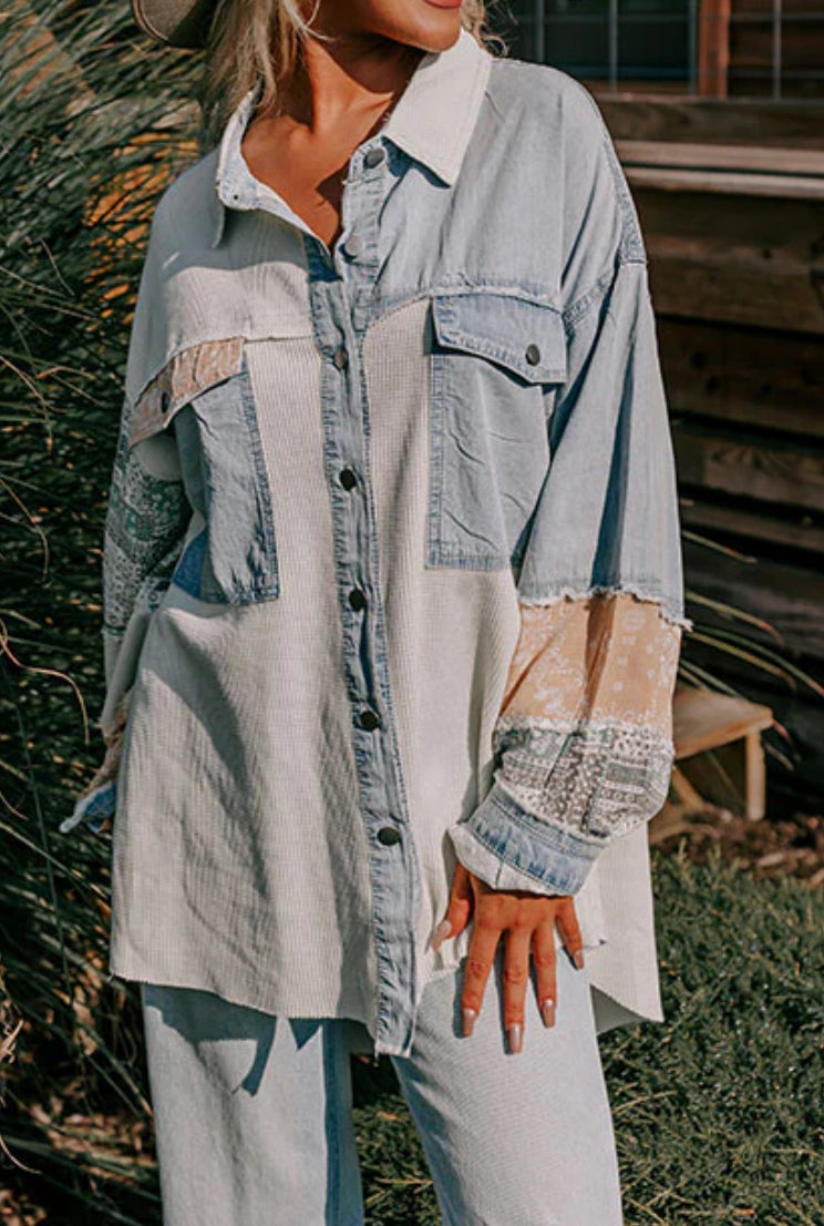 POL Mixed Media Button Down Top