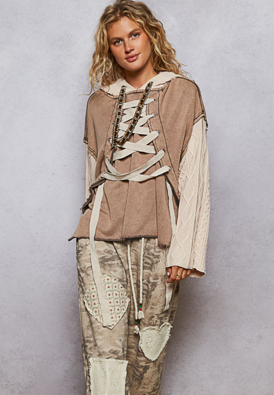 POL Lace Up Cable Knit Hoodie
