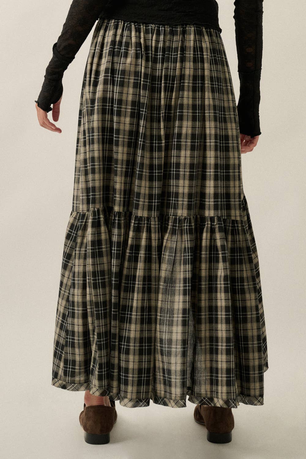 Plaid Asymmetrical High-Low Ruffle Maxi Skirt