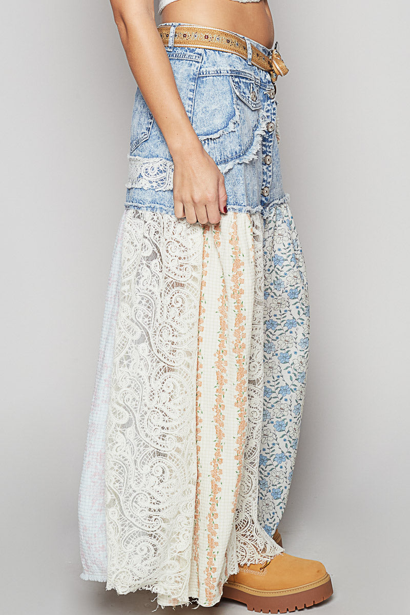 PREORDER- POL Floral & Denim Maxi Skirt