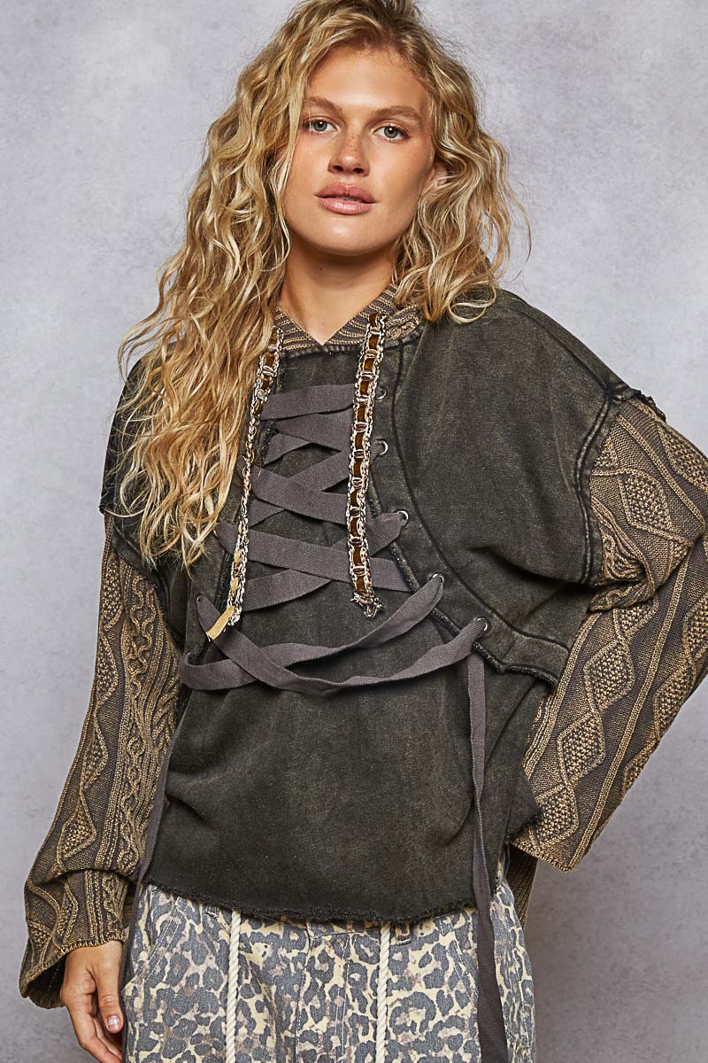 POL Lace Up Cable Knit Hoodie
