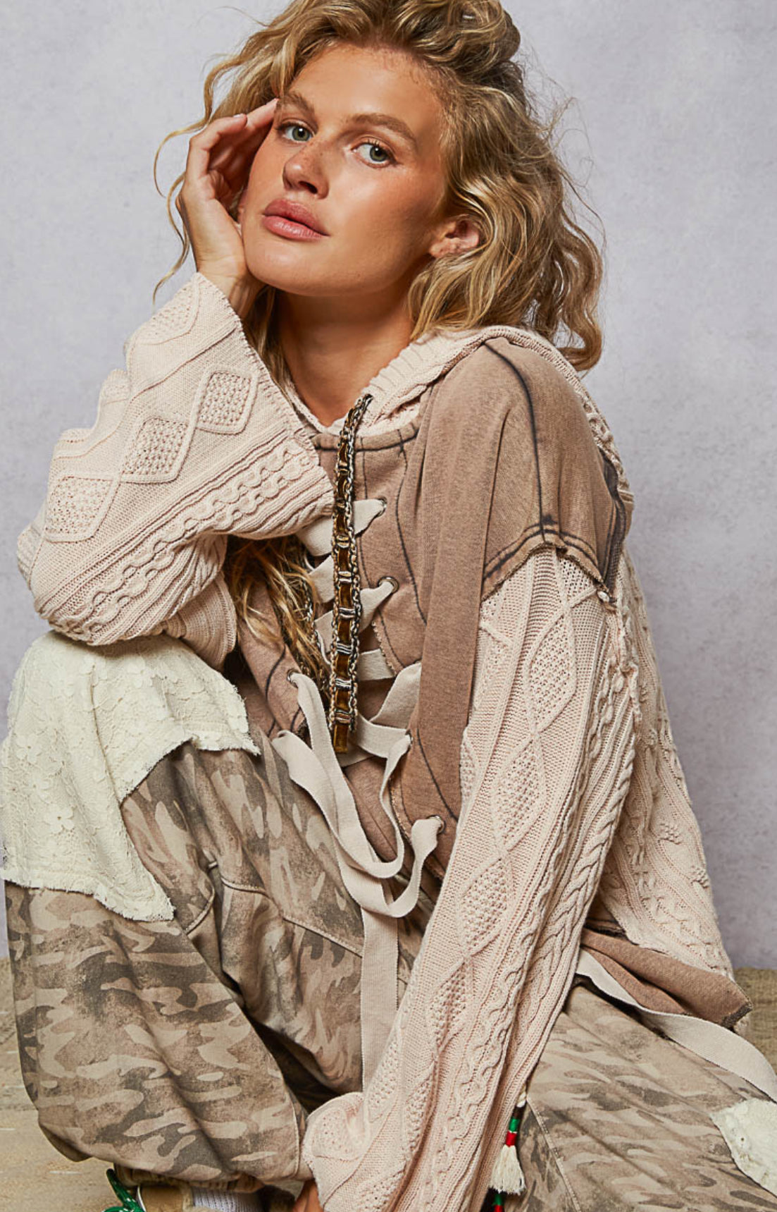 POL Lace Up Cable Knit Hoodie