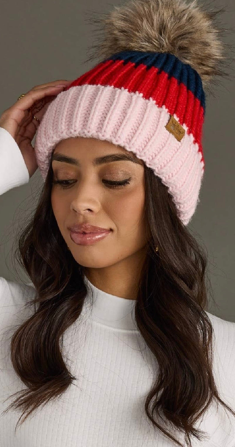 Color Block Pom Pom Beanie