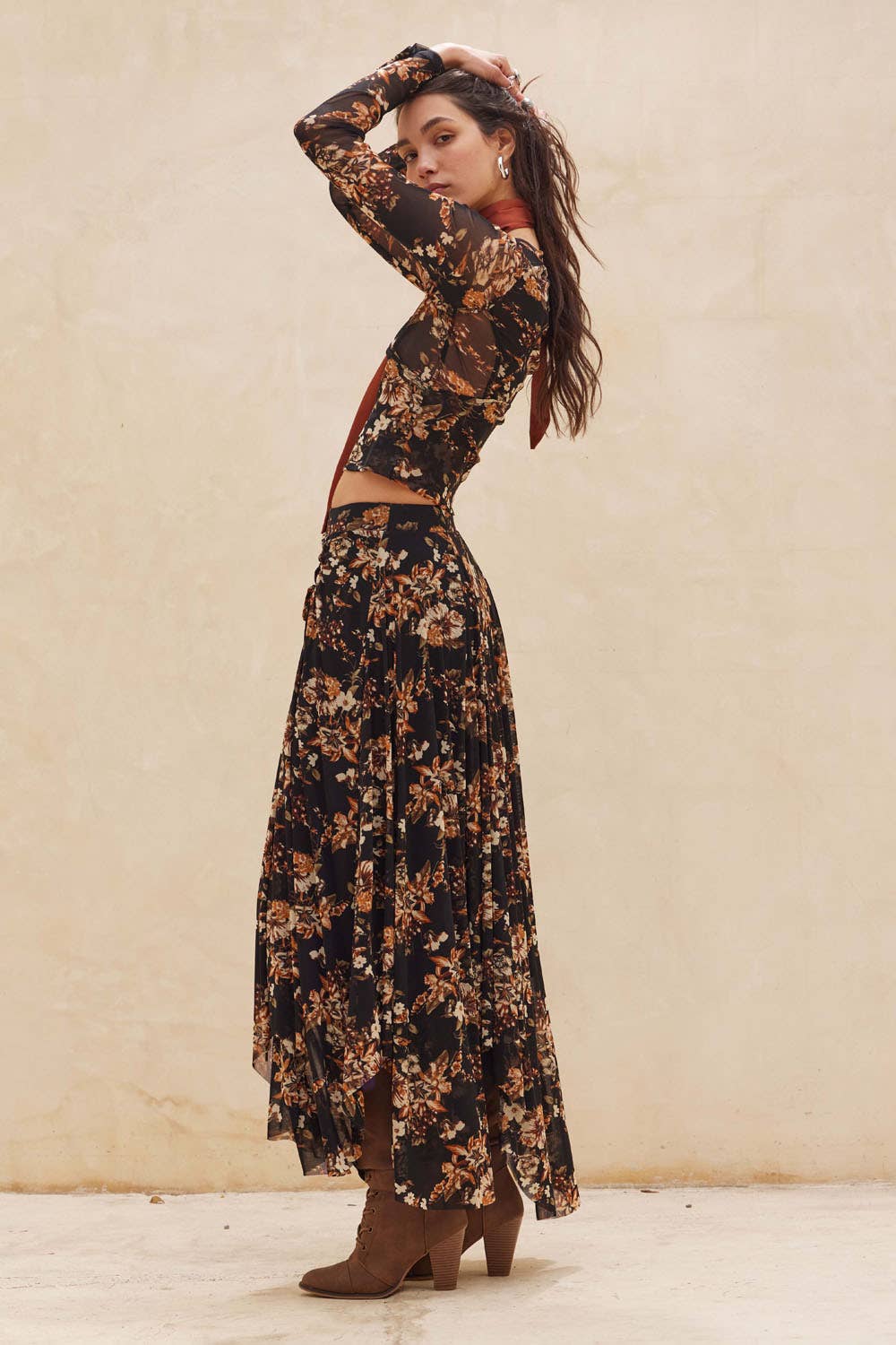 Floral-Print Mesh Ruched Handkerchief Maxi Skirt