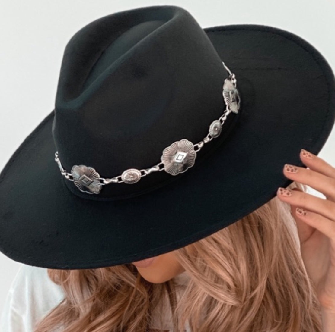 Concho Chain Strap Flat Brim Fedora Fashion Hat