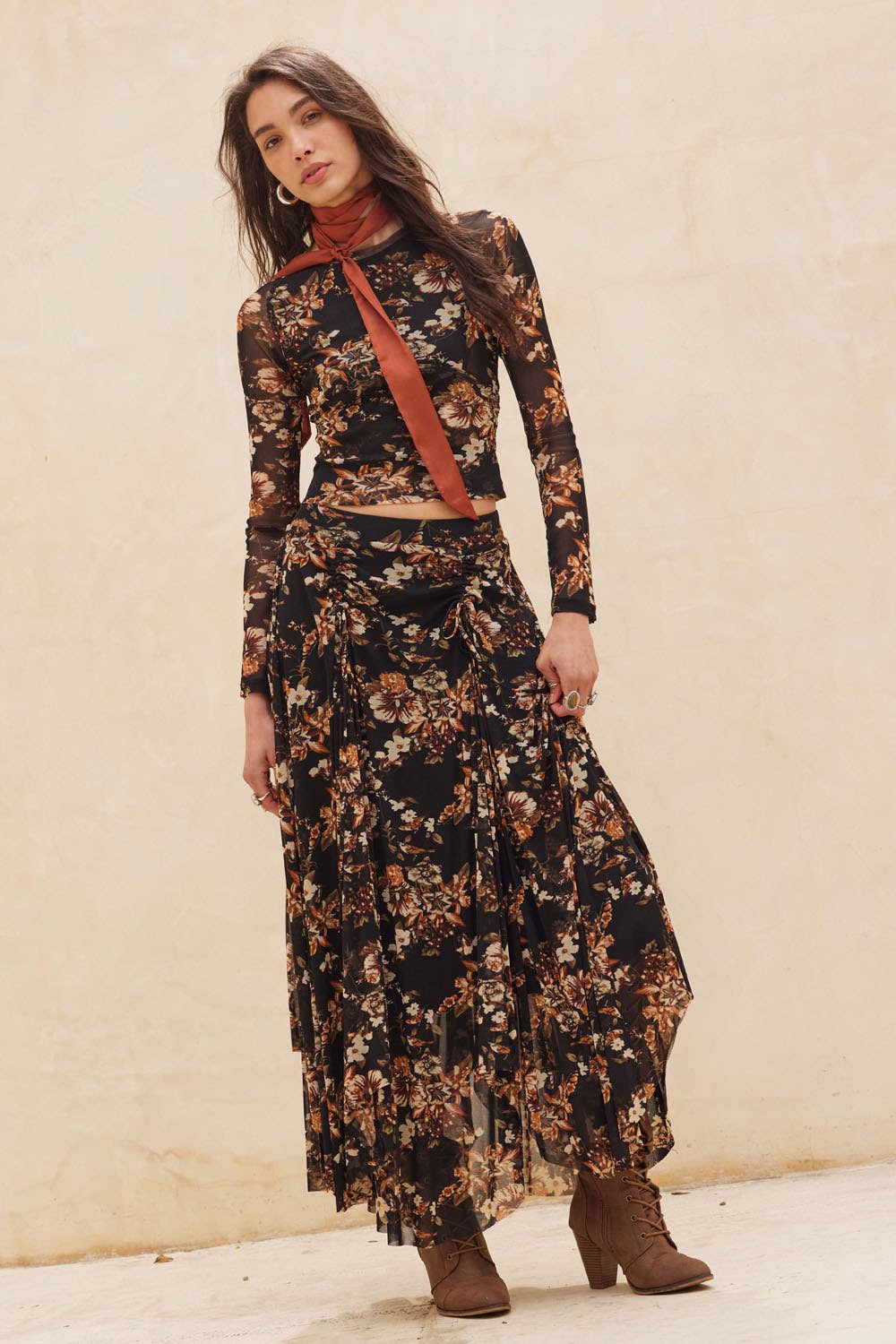 Floral-Print Mesh Ruched Handkerchief Maxi Skirt