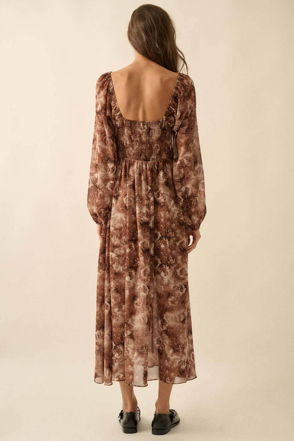 Floral Bubble-Sleeve Smocked Sweetheart Midi Dress