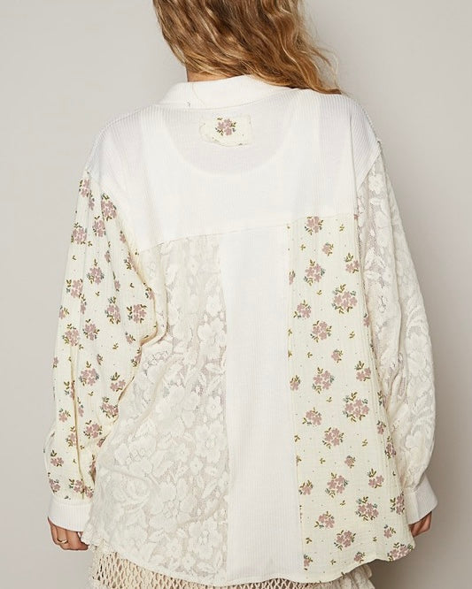 POL Floral & Lace Button Down Top