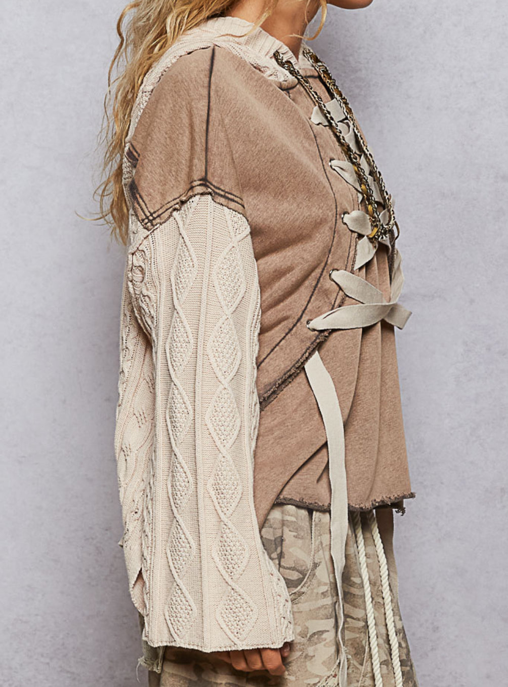POL Lace Up Cable Knit Hoodie