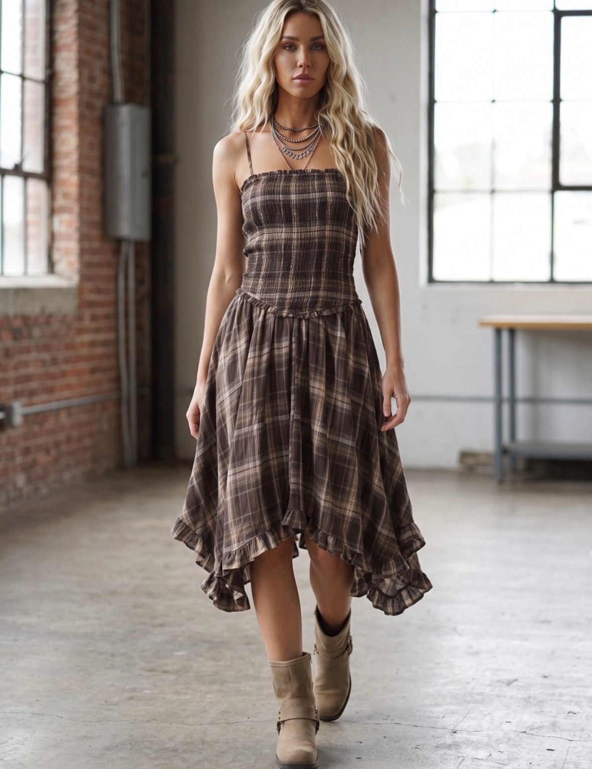 Plaid Smocked Midi Dress
