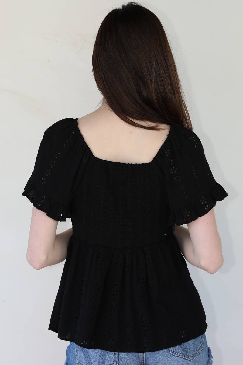 C2186-EM08 EYELET EMBROIDERED TWIST FRONT BLOUSE