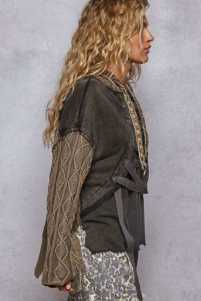 POL Lace Up Cable Knit Hoodie