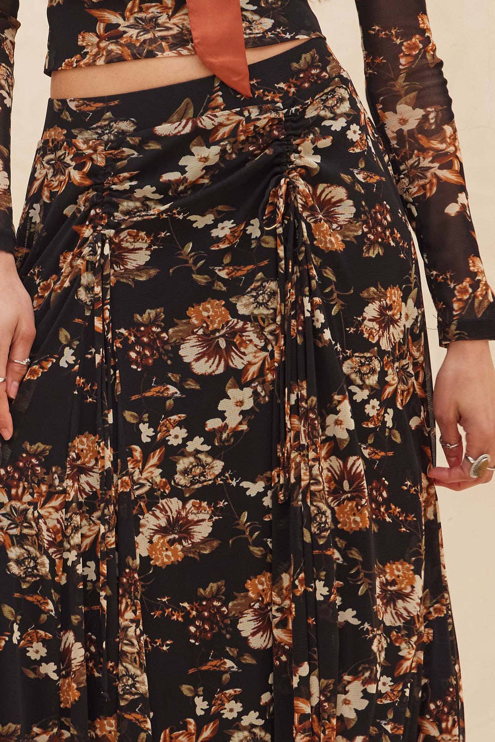 Floral-Print Mesh Ruched Handkerchief Maxi Skirt
