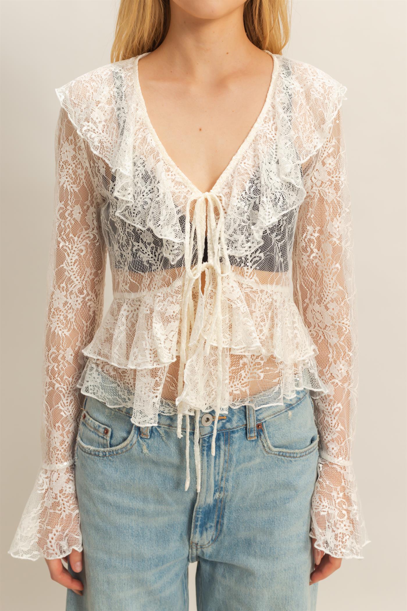 Lace Tie Front Blouse