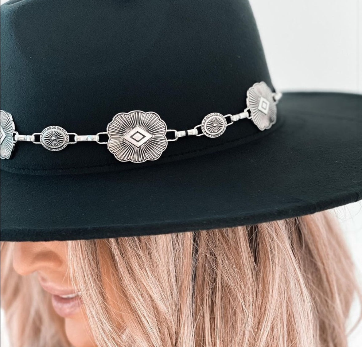 Concho Chain Strap Flat Brim Fedora Fashion Hat