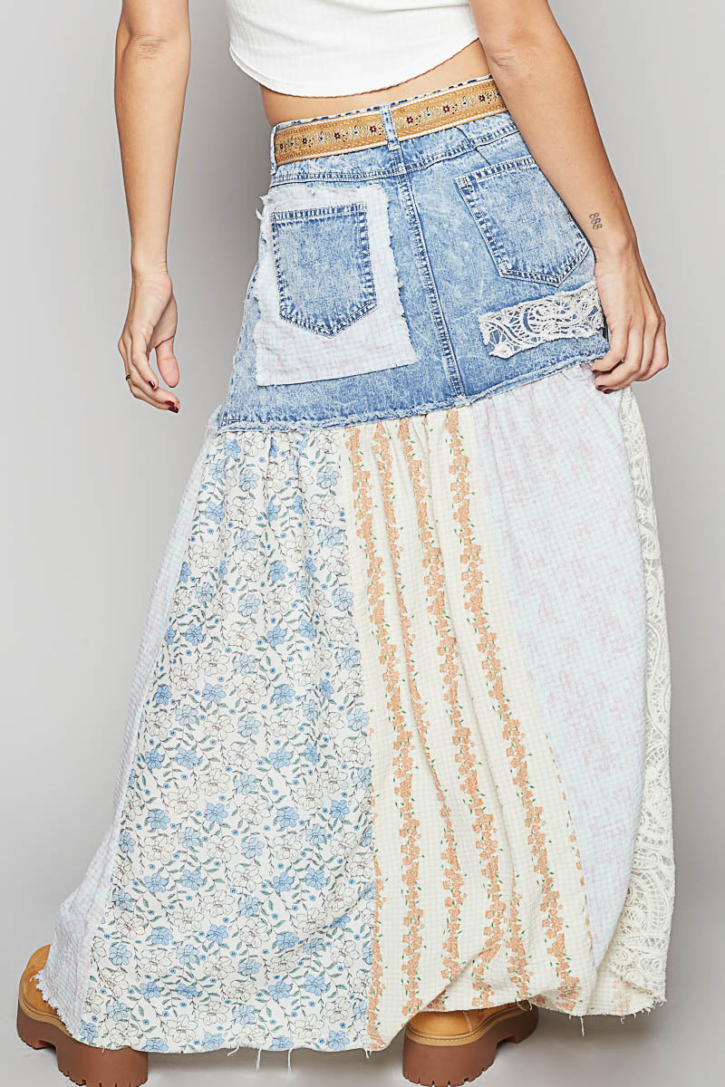 PREORDER- POL Floral & Denim Maxi Skirt