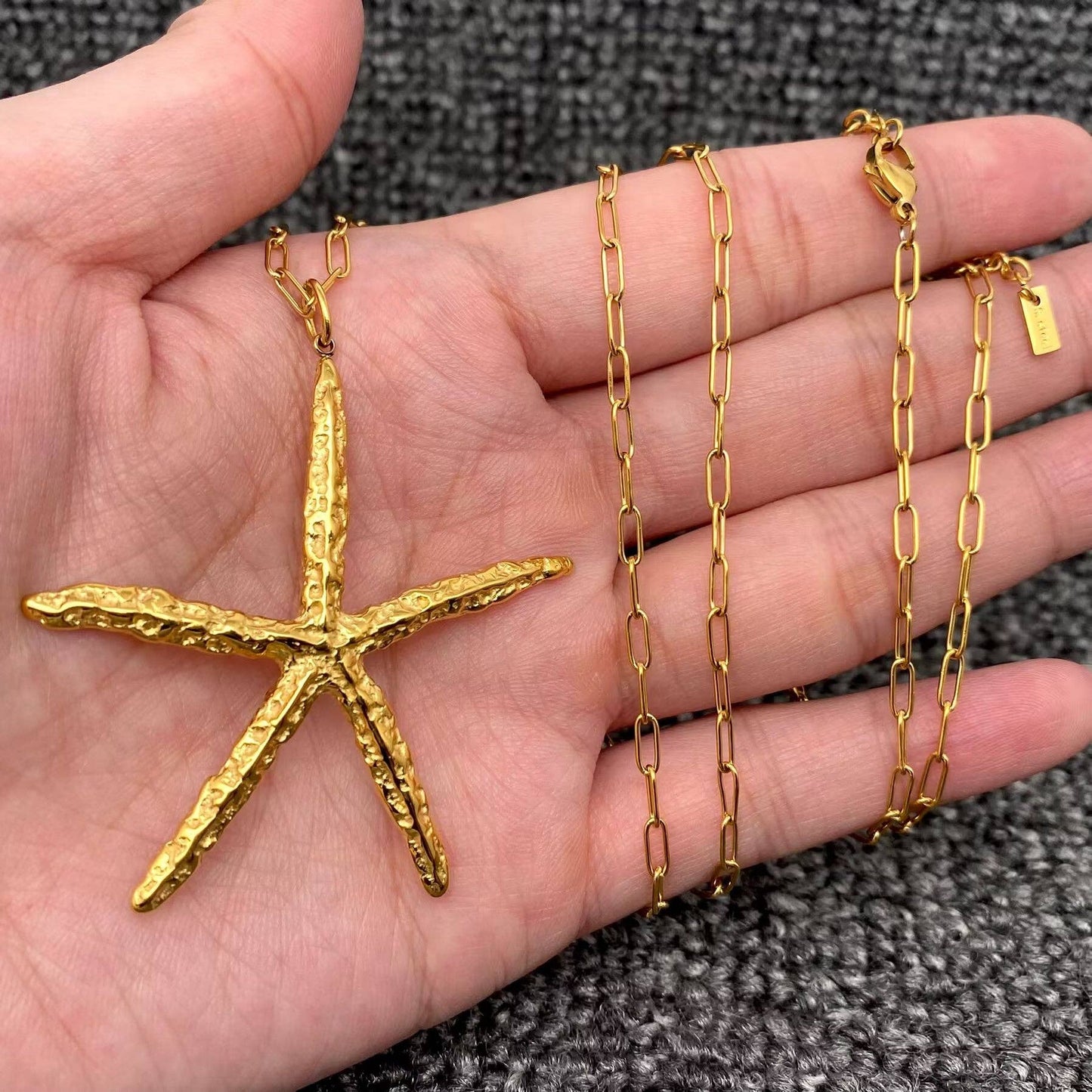 18K Gold Plated SS Starfish Charm Long Chain Necklace - FGS