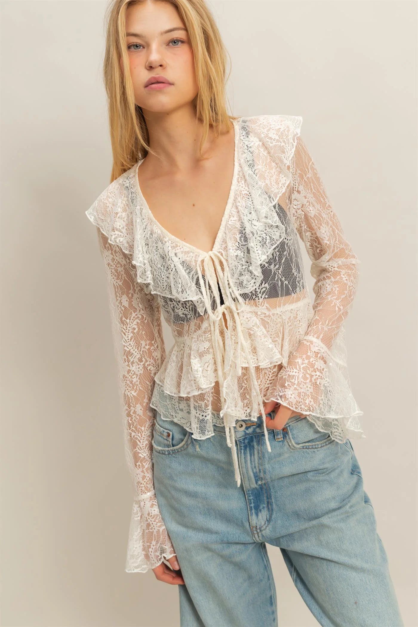 Lace Tie Front Blouse