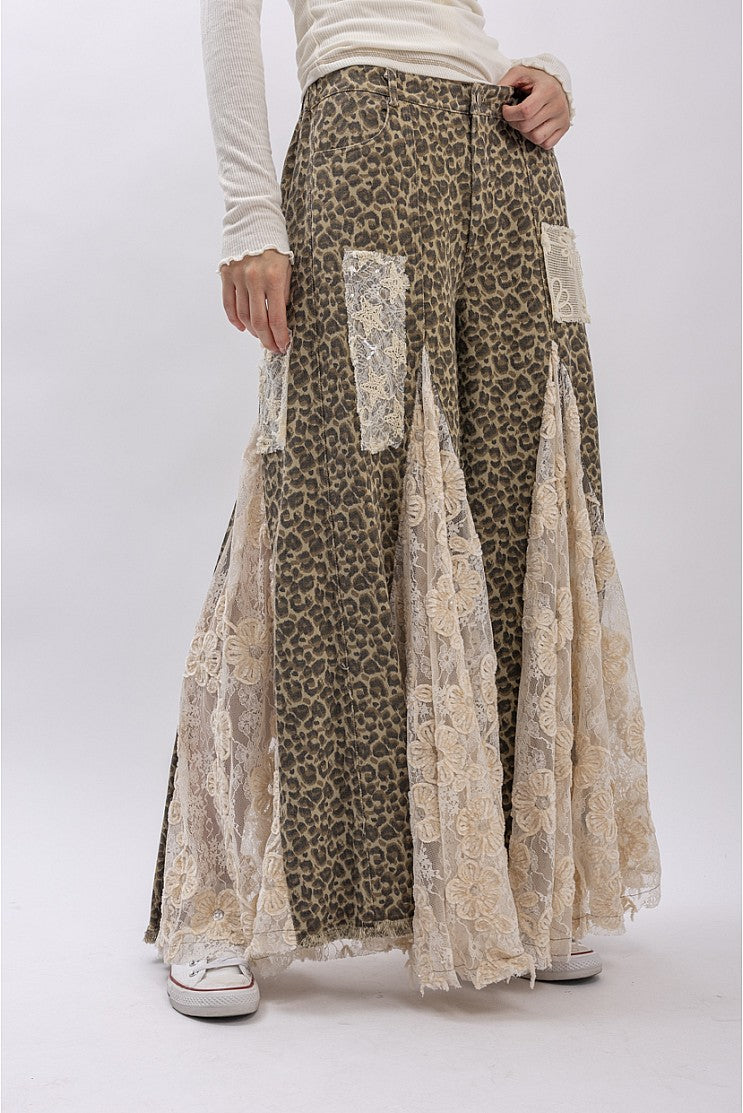 PREORDER - Leopard Print Lace Panel Pants