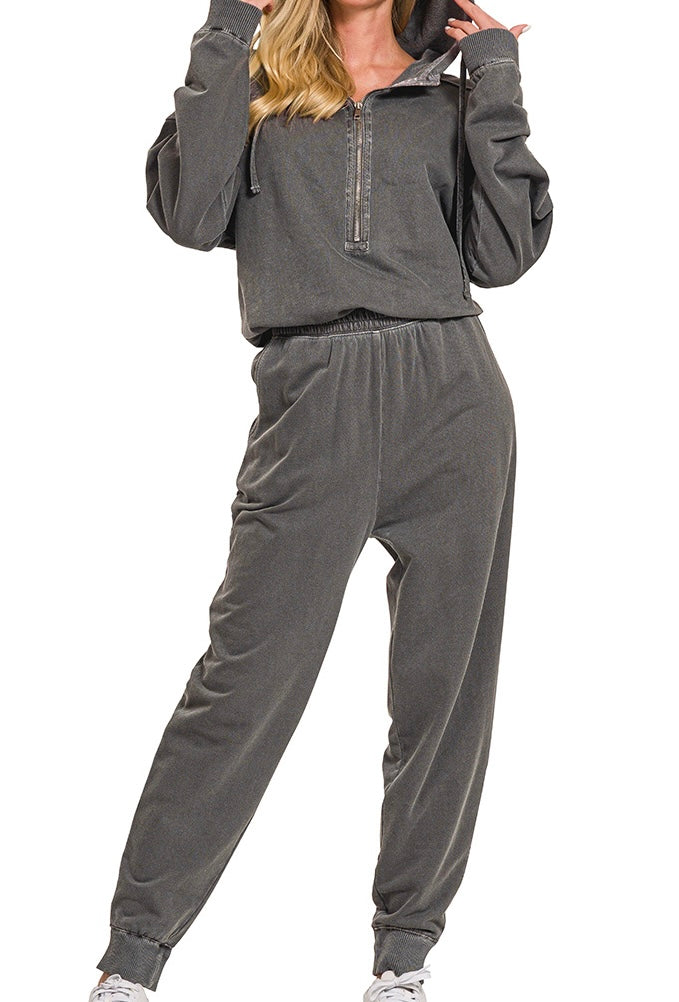 Washed 1/2 Zip Jumpsuit