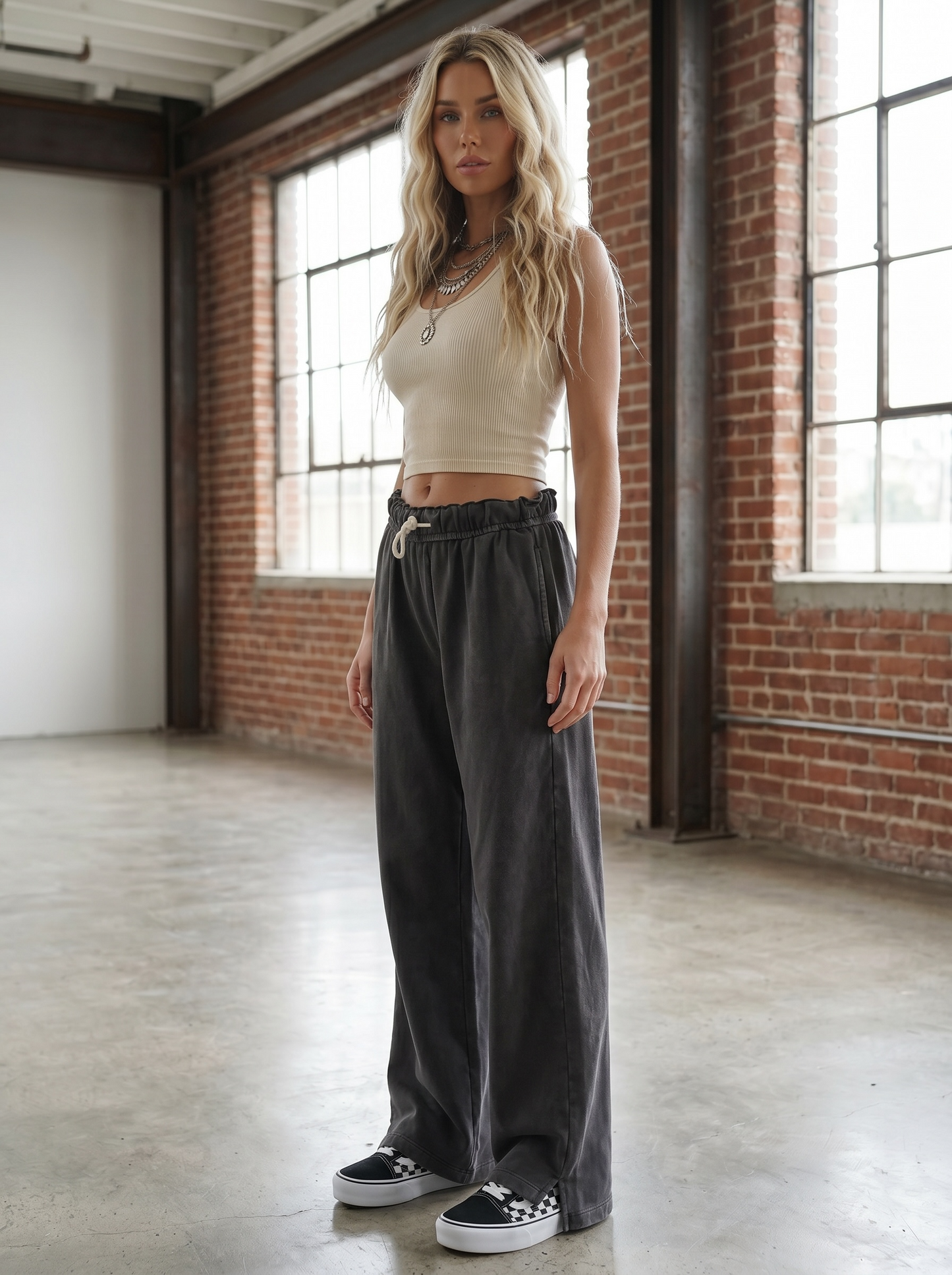 Rolled Waist Wide Leg Pants