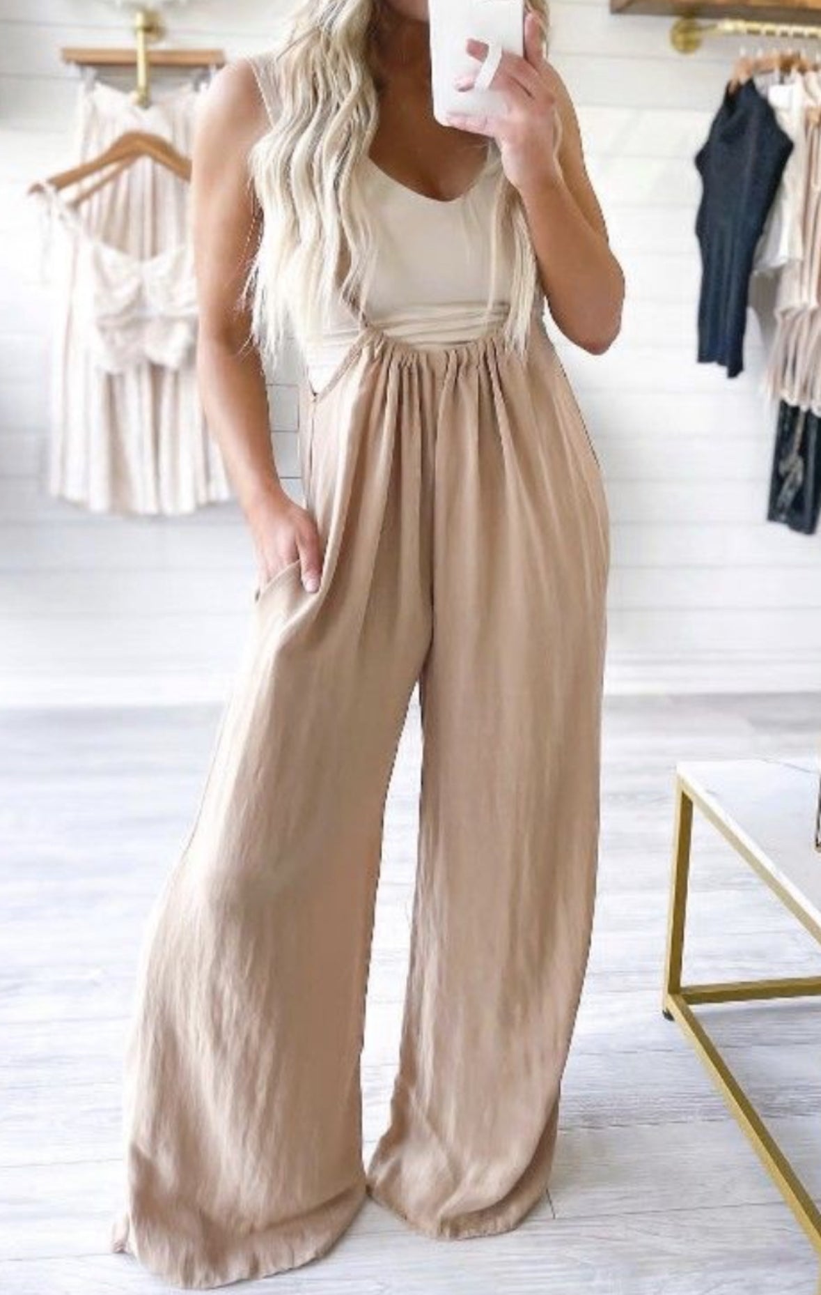 Woven Tie Back Suspender Jumpsuit
