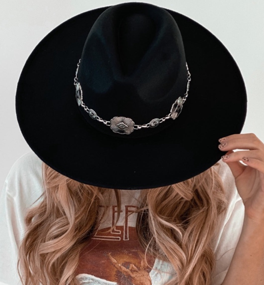 Concho Chain Strap Flat Brim Fedora Fashion Hat
