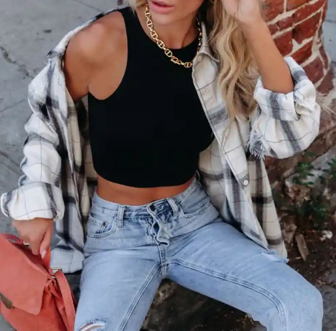 La Miel Plaid Frayed Top