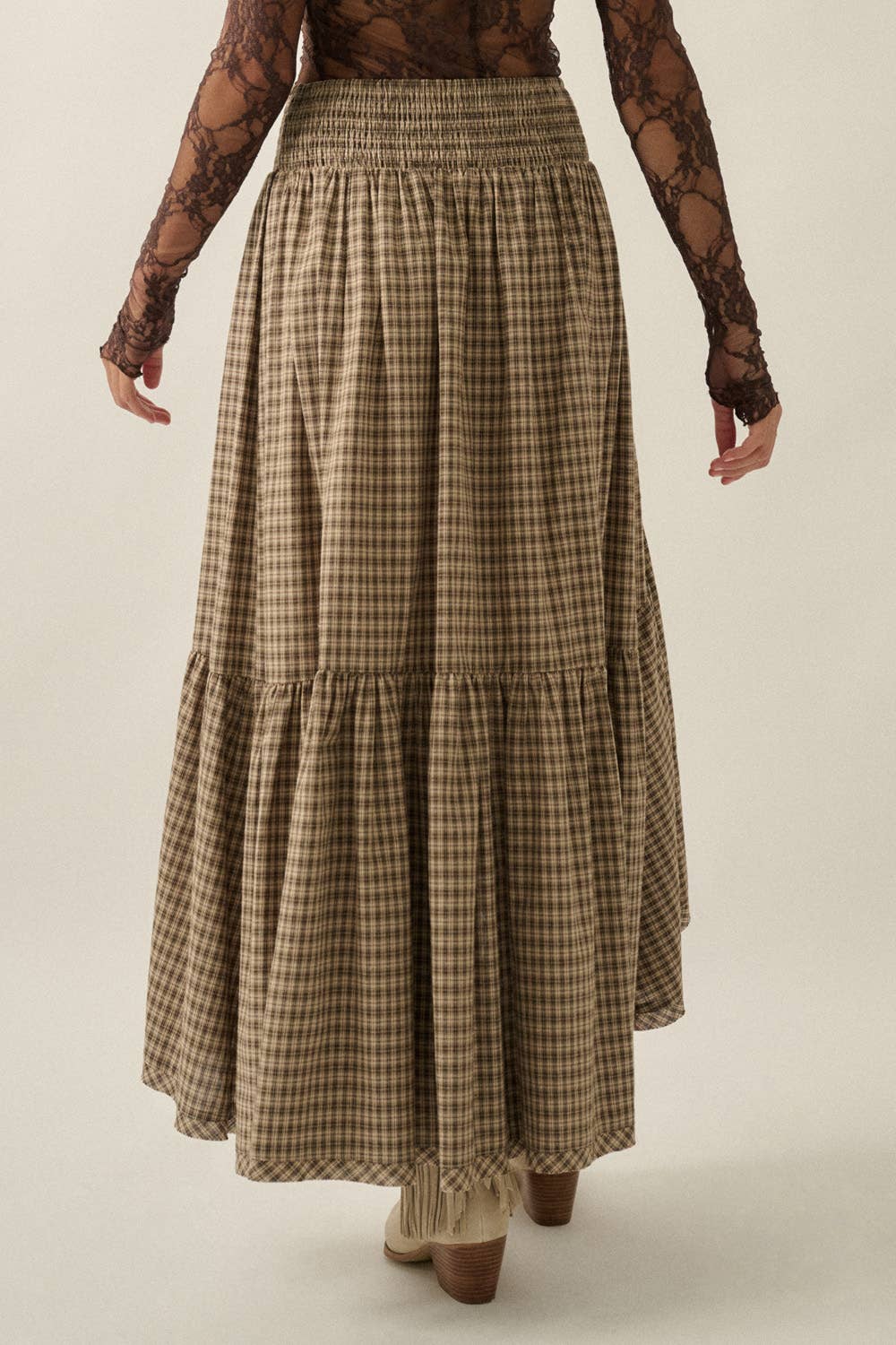 Plaid Asymmetrical High-Low Smocked Ruffle Maxi Skirt