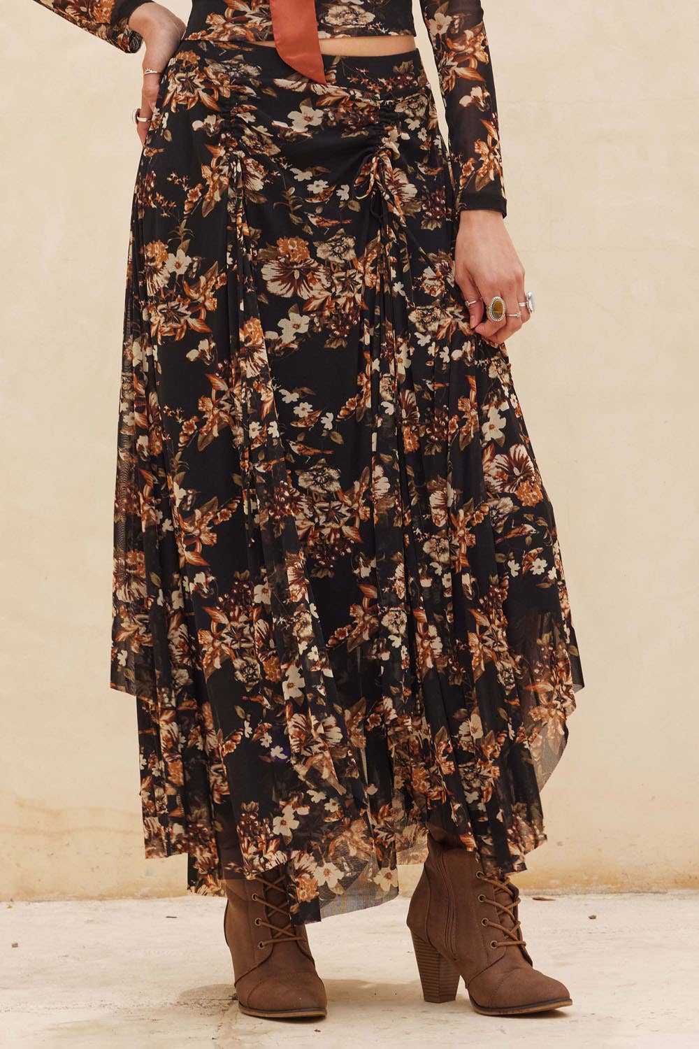 Floral-Print Mesh Ruched Handkerchief Maxi Skirt