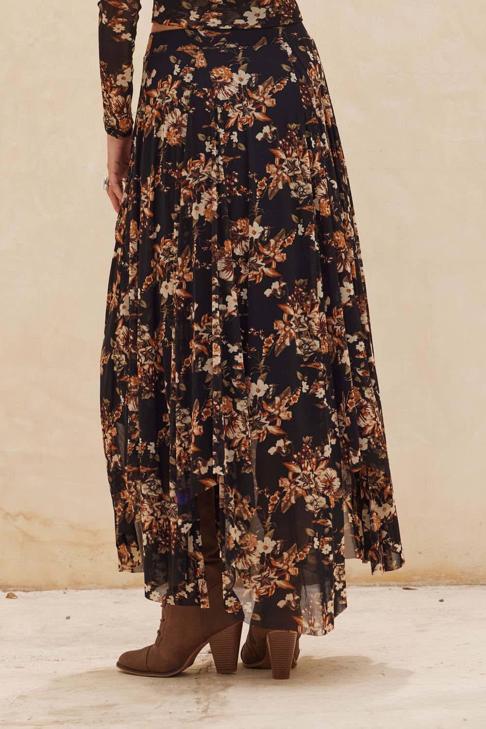Floral-Print Mesh Ruched Handkerchief Maxi Skirt
