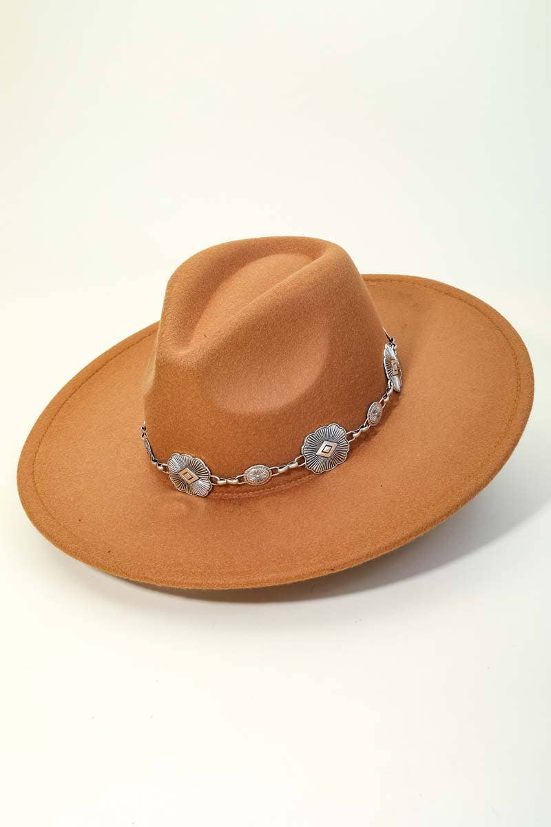 Concho Chain Strap Flat Brim Fedora Fashion Hat