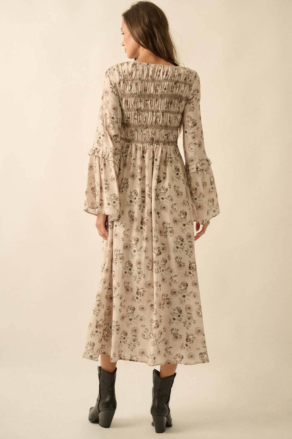 Floral Bubble-Sleeve Smocked Midi Dress
