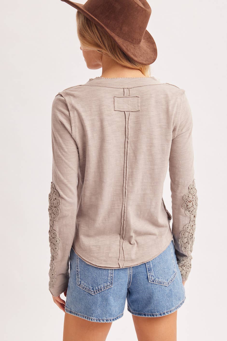 CROCHET PATCH SLEEVED HALF BUTTON ROUND NECK TOP