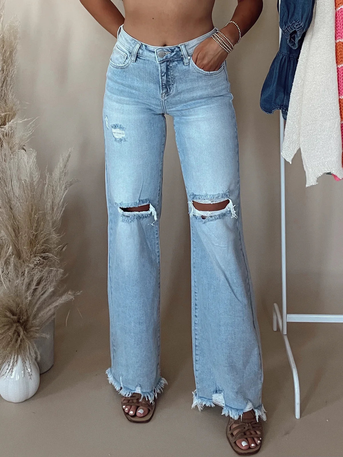 RISEN Full Size High Rise Distressed Wide Leg Jeans