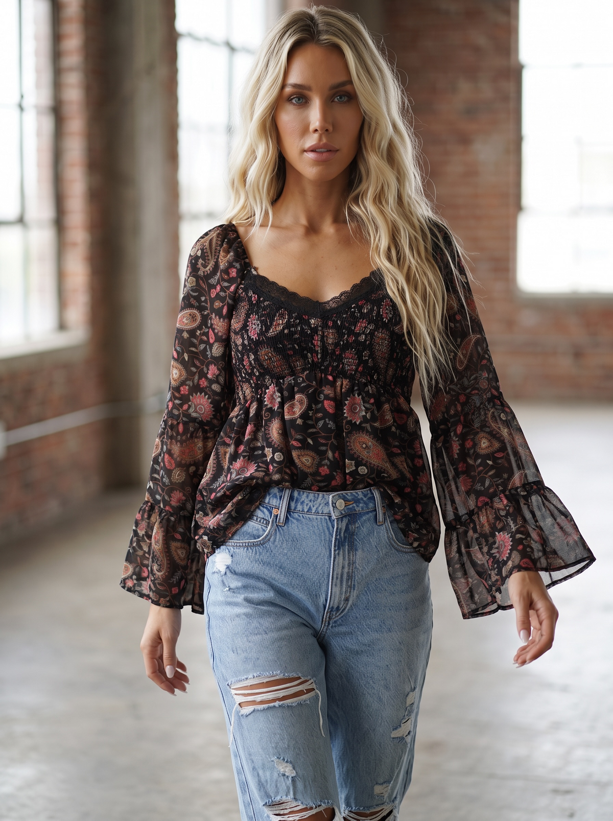 Angie Floral Bell Sleeve Top