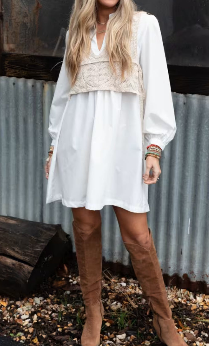 Annie Wear Crochet Vest Notched Long Sleeve Shirt Dress