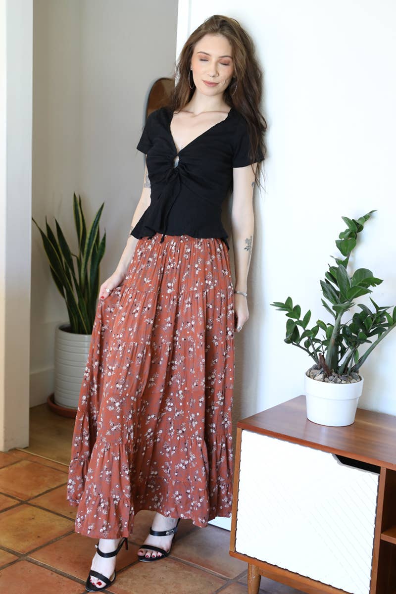 26P57-WA40 DITSY PRINT SMOCKED WAIST TIERED MAXI SKIRT