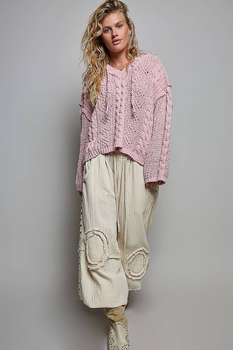 Oversize Fit V-neck Hooded Cable Knit Chenille Sweater SALE