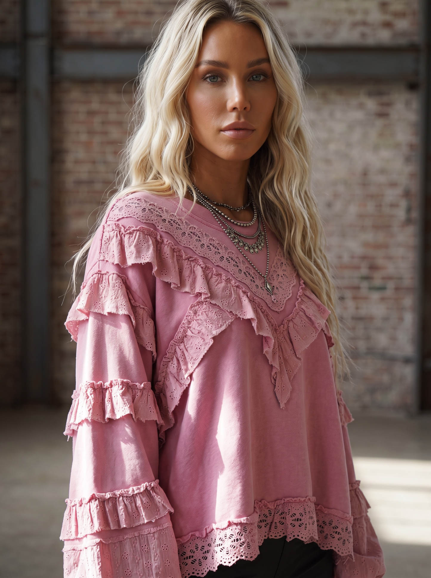 POL Eyelet Ruffle Sweatshirt