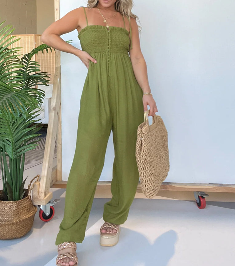 SMOCKED TIE STRAP JUMPSUIT