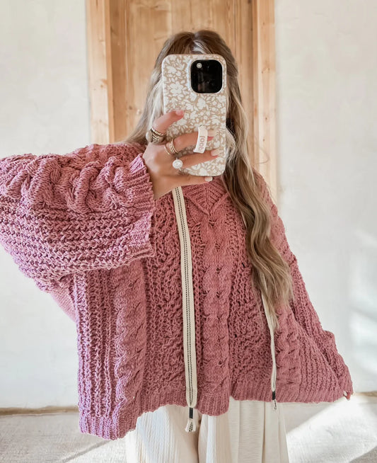 POL Cable Knit Hooded Chenille Sweater