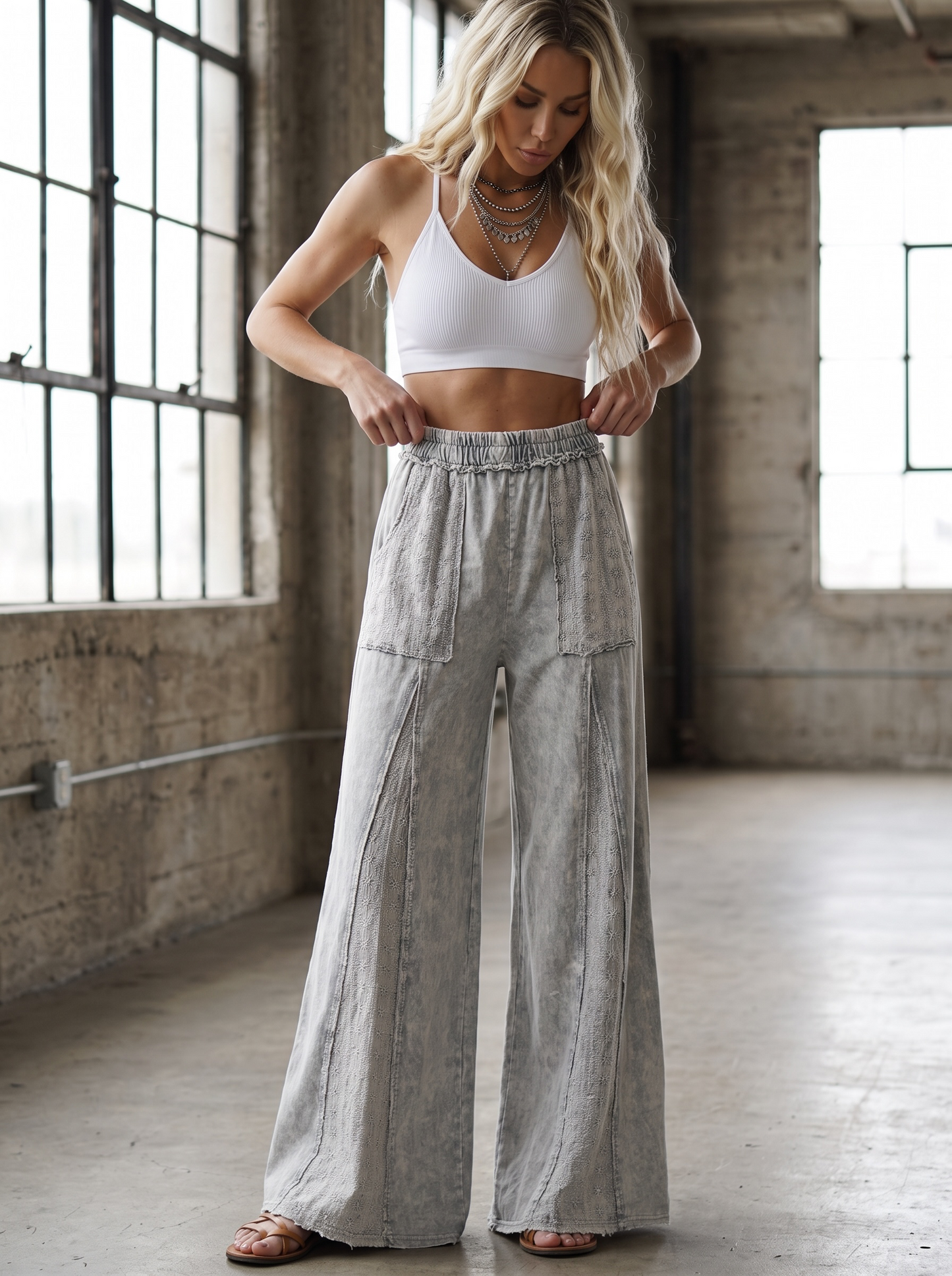 J.Her Mineral Wash Eyelet Flare Pants