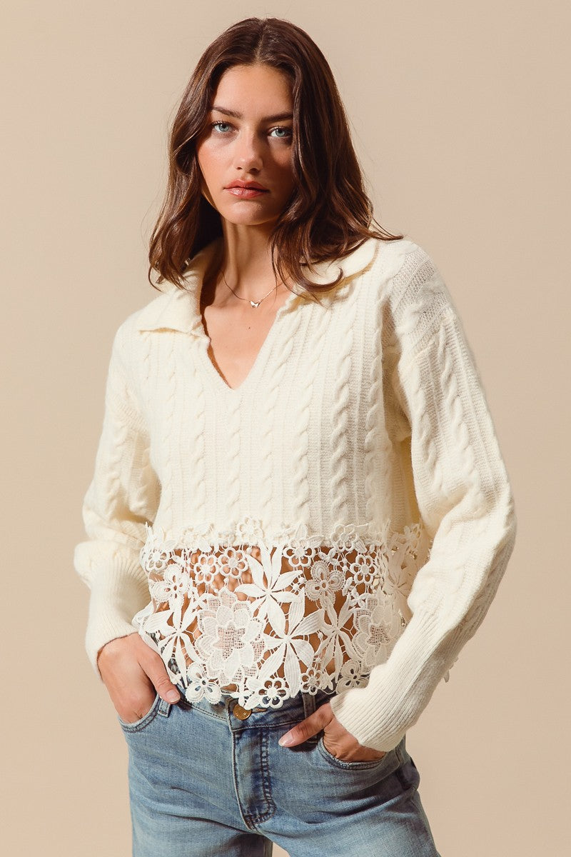 So Me Cable Knit Lace Trim Sweater