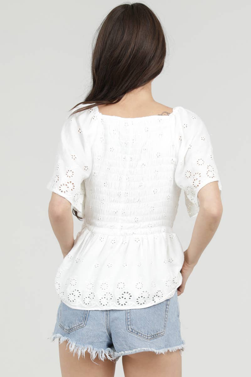 C2192-EM34 EYELET EMBROIDERED V NECK SMOCKED BUST BLOUSE