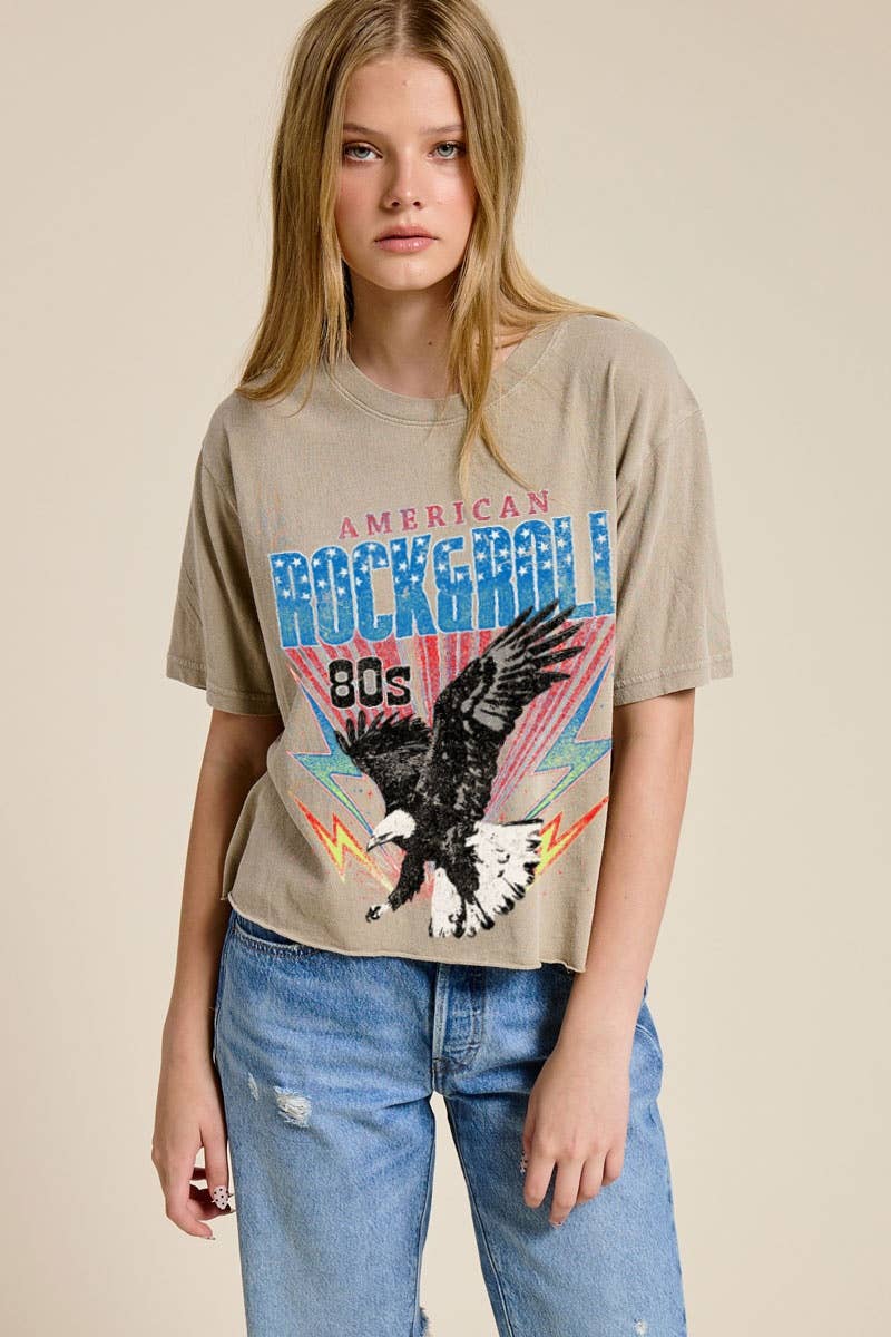 American Rock & Roll 80S Graphic Raw Hem Faux Crop Tee