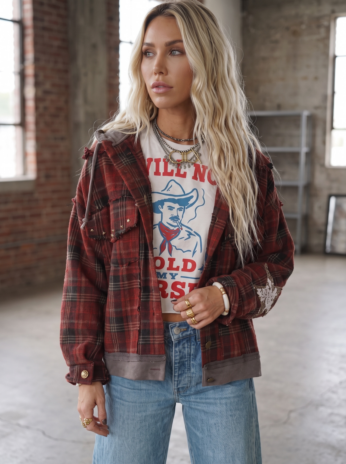 POL Plaid Star Patch Hooded Jacket