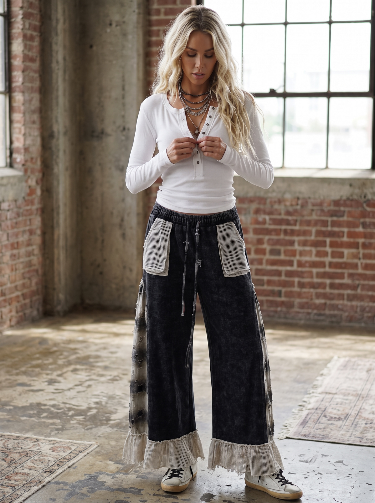 POL Waffle Knit Plaid Wide Leg Pants