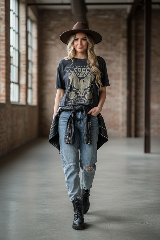Free Bird Vintage Graphic Raw Hem Faux Crop Tee